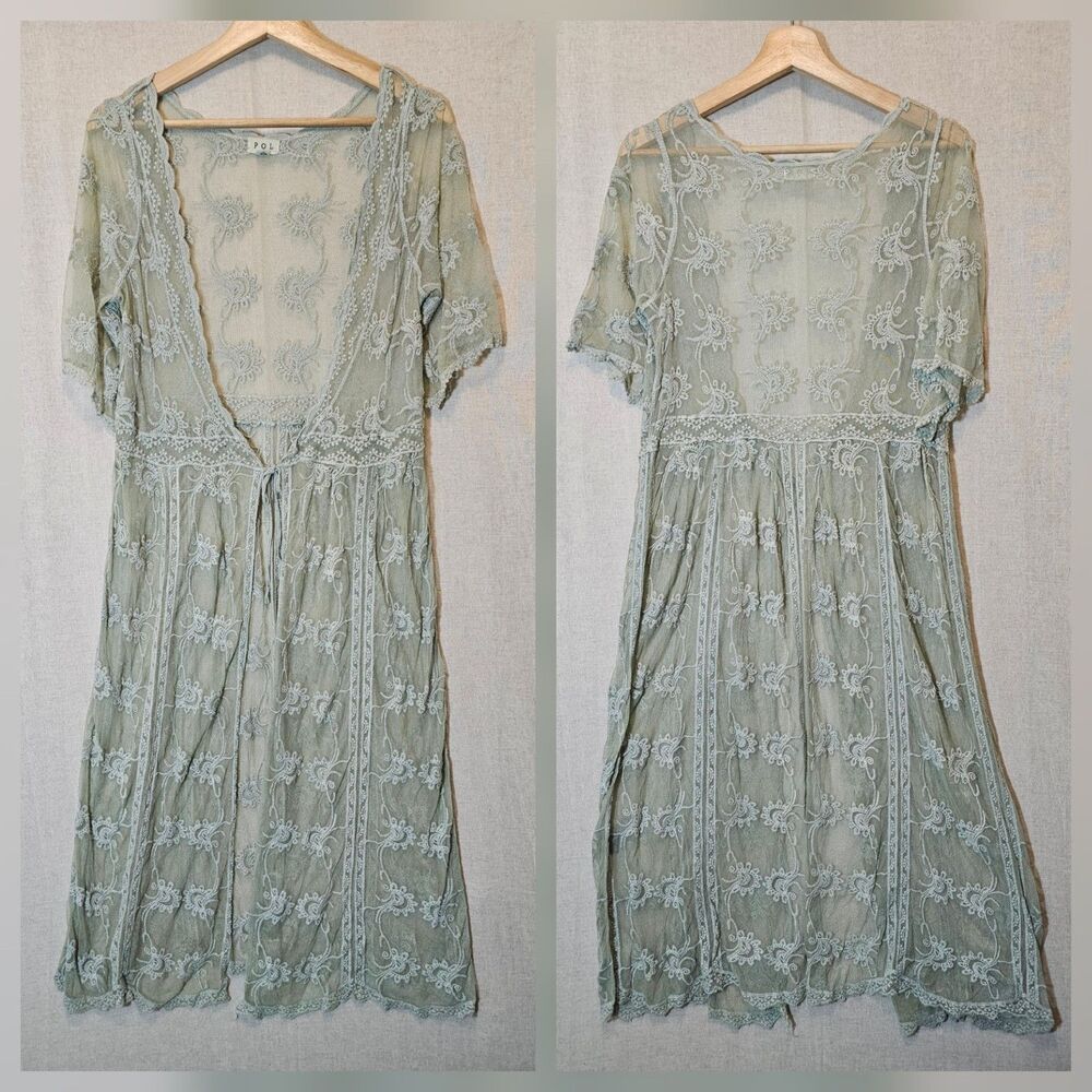 Pol Light Sage Green Lace Kimono Topper Swim Cover-up Boho Cottage Small Medium